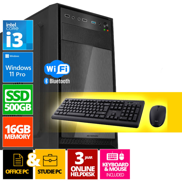 Intel Compleet PC SET | Intel Core i3 | 16 GB DDR4 | 500 GB SSD - NVMe + Muis & Toetsenbord | Windows 11 Pro + WiFi & Bluetooth