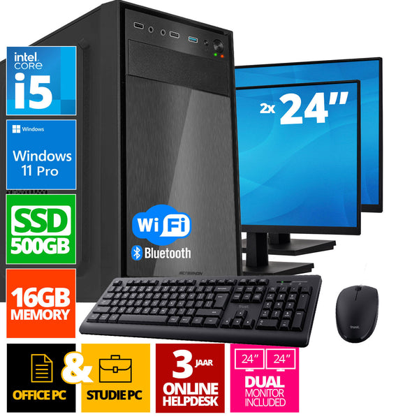 Intel Compleet PC SET | Intel Core i5 | 16 GB DDR4 | 500 GB SSD + 2 x 24 Inch Monitor + Muis + Toetsenbord | Windows 11 Pro + WiFi & Bluetooth